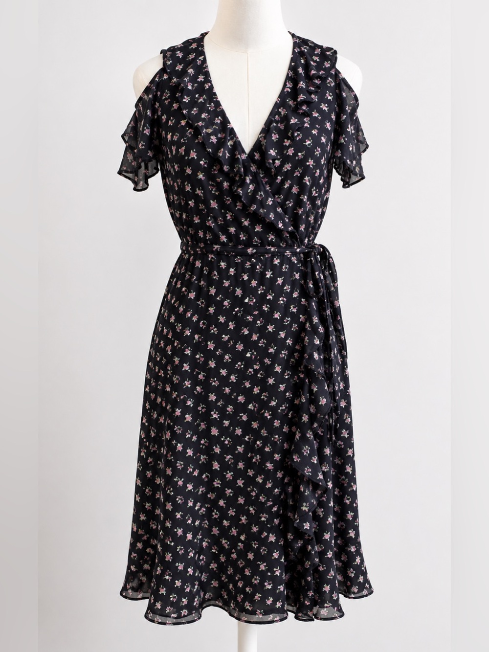 LOFT Petite Floral Wrap Midi Dress SP Black Pink Ruffle Wedding Guest